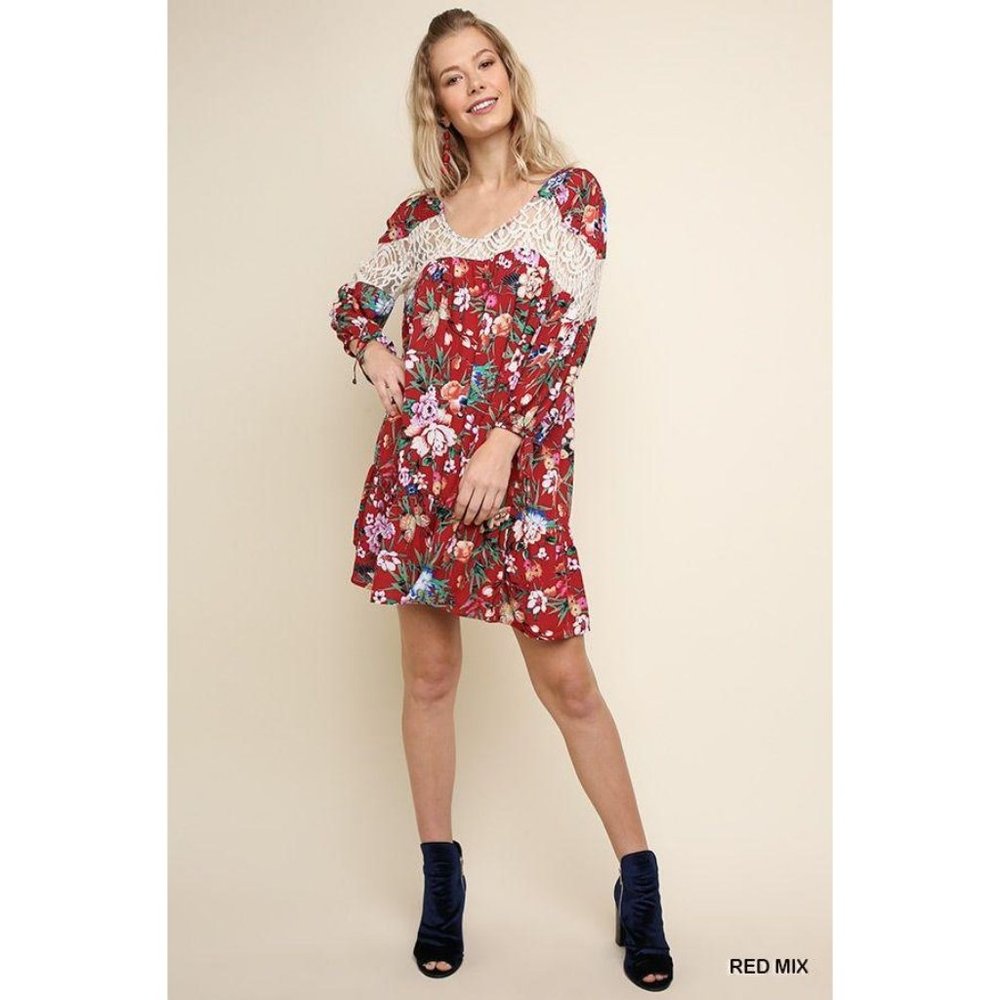 Umgee Floral Print Scoop Neck Puff Sleeve Dress S